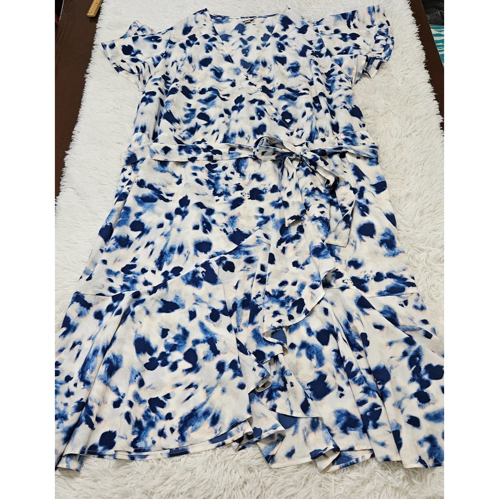 A New Day Womens 4X‎ Blue White Tie Dye Wrap Midi Dress Flutter Sleeve Pockets